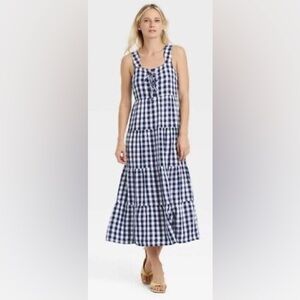 Who What Wear Linen Navy and White Gingham Tiered Midi Dress